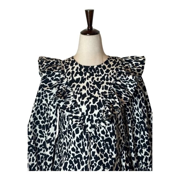 Sandy Liang Dress Women XXS Black White Cotton Leopard Print Ruffle Midi NWT - Picture 5 of 15